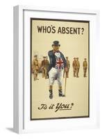 Who's Absent ?" Is It You ? a Recriutment Poster Showing 'John Bull' Pointing His Finger-null-Framed Giclee Print