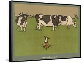 Who's Afraid, a Perky Little Dog Keeps an Eye on Three Cows-Cecil Aldin-Framed Stretched Canvas