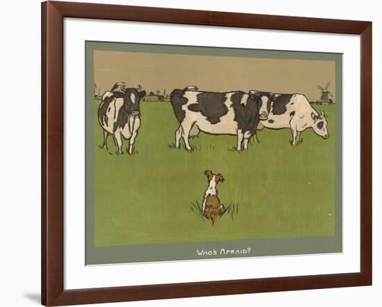 Who's Afraid, a Perky Little Dog Keeps an Eye on Three Cows-Cecil Aldin-Framed Photographic Print