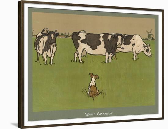 Who's Afraid, a Perky Little Dog Keeps an Eye on Three Cows-Cecil Aldin-Framed Premium Photographic Print