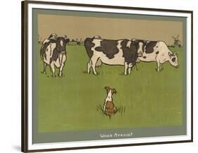 Who's Afraid, a Perky Little Dog Keeps an Eye on Three Cows-Cecil Aldin-Framed Premium Photographic Print