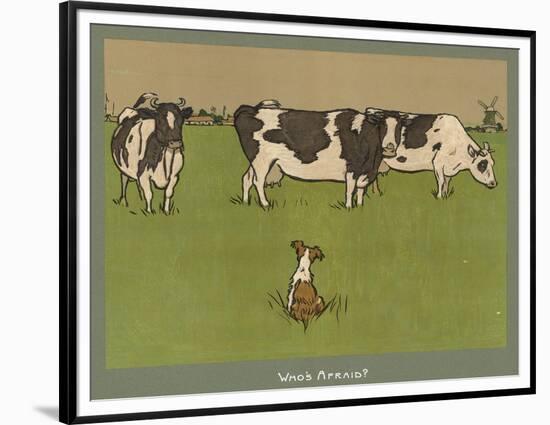 Who's Afraid, a Perky Little Dog Keeps an Eye on Three Cows-Cecil Aldin-Framed Premium Photographic Print