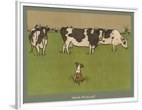 Who's Afraid, a Perky Little Dog Keeps an Eye on Three Cows-Cecil Aldin-Framed Premium Photographic Print