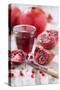 Whole and Sliced Pomegranates, Knives, Glass with Pomegranate Juice-Jana Ihle-Stretched Canvas