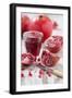 Whole and Sliced Pomegranates, Knives, Glass with Pomegranate Juice-Jana Ihle-Framed Photographic Print