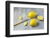 Whole Lemons, Lemon Pieces and Knife on a Gray Background-Jana Ihle-Framed Photographic Print