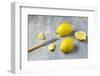 Whole Lemons, Lemon Pieces and Knife on a Gray Background-Jana Ihle-Framed Photographic Print