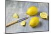 Whole Lemons, Lemon Pieces and Knife on a Gray Background-Jana Ihle-Mounted Photographic Print