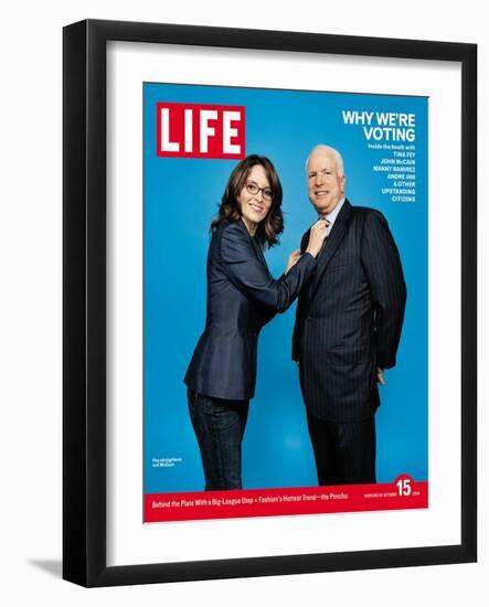 Why We're Voting, Tina Fey Straightening John McCain's Tie, October 15, 2004-Jake Chessum-Framed Photographic Print