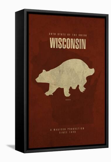 WI State Minimalist Posters-Red Atlas Designs-Framed Stretched Canvas