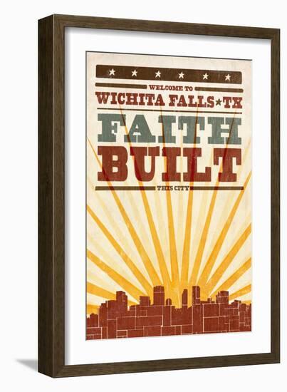 Wichita Falls, Texas - Skyline and Sunburst Screenprint Style-Lantern Press-Framed Art Print