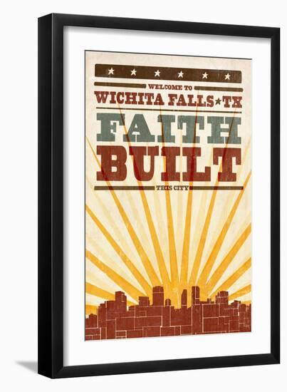 Wichita Falls, Texas - Skyline and Sunburst Screenprint Style-Lantern Press-Framed Art Print