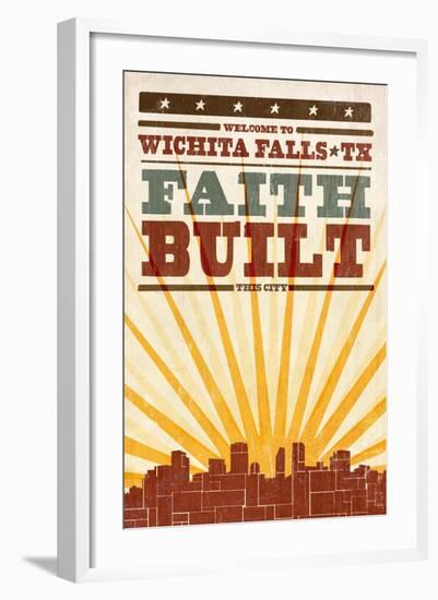 Wichita Falls, Texas - Skyline and Sunburst Screenprint Style-Lantern Press-Framed Art Print