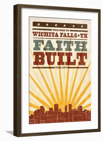 Wichita Falls, Texas - Skyline and Sunburst Screenprint Style-Lantern Press-Framed Art Print