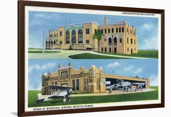 Wichita, Kansas - Administration Building and Planes-Lantern Press-Framed Art Print