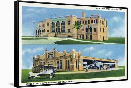 Wichita, Kansas - Administration Building and Planes-Lantern Press-Framed Stretched Canvas