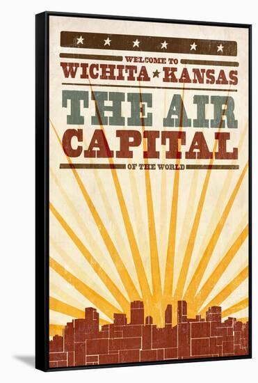 Wichita, Kansas- Skyline and Sunburst Screenprint Style-Lantern Press-Framed Stretched Canvas