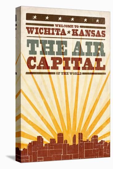 Wichita, Kansas- Skyline and Sunburst Screenprint Style-Lantern Press-Stretched Canvas