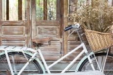 Bicycle with a Basket of a Dried Bouquet Flower Stand in Front of Wooden and Rustic House Backgroun-WichitS-Photographic Print