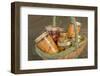Wicker basket of home canned foods (peaches, olives and cherries) in a kitchen.-Janet Horton-Framed Photographic Print