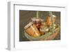 Wicker basket of home canned foods (peaches, olives and cherries) in a kitchen.-Janet Horton-Framed Photographic Print