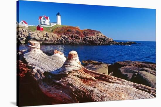 Wide Angle View of The Cape Neddick Lighthouse.-George Oze-Stretched Canvas