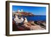 Wide Angle View of The Cape Neddick Lighthouse.-George Oze-Framed Photographic Print