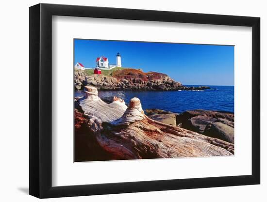 Wide Angle View of The Cape Neddick Lighthouse.-George Oze-Framed Photographic Print