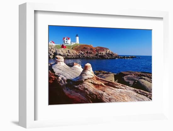 Wide Angle View of The Cape Neddick Lighthouse.-George Oze-Framed Photographic Print