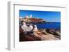 Wide Angle View of The Cape Neddick Lighthouse.-George Oze-Framed Photographic Print