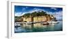 Wide View of Portofino Harbor, Liguria, Italy-George Oze-Framed Photographic Print