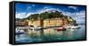 Wide View of Portofino Harbor, Liguria, Italy-George Oze-Framed Stretched Canvas