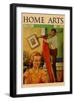 Wife Sews While a Man Hangs a Picture-null-Framed Art Print