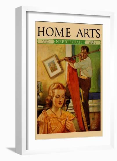 Wife Sews While a Man Hangs a Picture-null-Framed Art Print