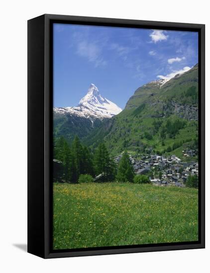 Wild Flowers in a Meadow with the Town of Zermatt and the Matterhorn Behind, in Switzerland, Europe-Rainford Roy-Framed Stretched Canvas