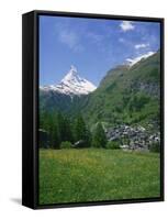 Wild Flowers in a Meadow with the Town of Zermatt and the Matterhorn Behind, in Switzerland, Europe-Rainford Roy-Framed Stretched Canvas