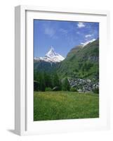 Wild Flowers in a Meadow with the Town of Zermatt and the Matterhorn Behind, in Switzerland, Europe-Rainford Roy-Framed Photographic Print
