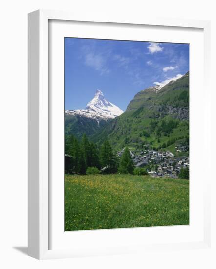 Wild Flowers in a Meadow with the Town of Zermatt and the Matterhorn Behind, in Switzerland, Europe-Rainford Roy-Framed Photographic Print