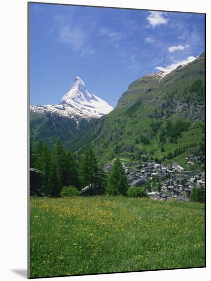 Wild Flowers in a Meadow with the Town of Zermatt and the Matterhorn Behind, in Switzerland, Europe-Rainford Roy-Mounted Photographic Print