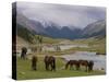 Wild Horses at River, Karkakol, Kyrgyzstan, Central Asia-Michael Runkel-Stretched Canvas
