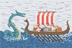 Vikings Battle with the Sea Dragon, Illustration in Pixel Art Style-wild wind-Mounted Art Print