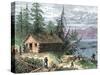 Wilderness Log Cabin of Pioneers Who Travel by River-null-Stretched Canvas
