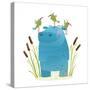 Wildlife Hippo with Cute Birds Smiling Kids Friends. Happy Hippopotamus Watercolor Style Animal in-Popmarleo-Stretched Canvas