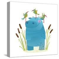 Wildlife Hippo with Cute Birds Smiling Kids Friends. Happy Hippopotamus Watercolor Style Animal in-Popmarleo-Stretched Canvas