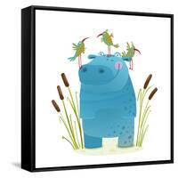 Wildlife Hippo with Cute Birds Smiling Kids Friends. Happy Hippopotamus Watercolor Style Animal in-Popmarleo-Framed Stretched Canvas