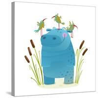 Wildlife Hippo with Cute Birds Smiling Kids Friends. Happy Hippopotamus Watercolor Style Animal in-Popmarleo-Stretched Canvas