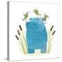 Wildlife Hippo with Cute Birds Smiling Kids Friends. Happy Hippopotamus Watercolor Style Animal in-Popmarleo-Stretched Canvas