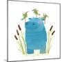 Wildlife Hippo with Cute Birds Smiling Kids Friends. Happy Hippopotamus Watercolor Style Animal in-Popmarleo-Mounted Art Print