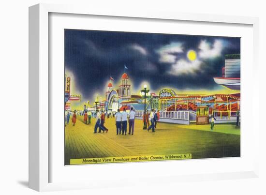 Wildwood-by-the-Sea, New Jersey - Funchase and Roller Coaster in the Moonlight-Lantern Press-Framed Art Print