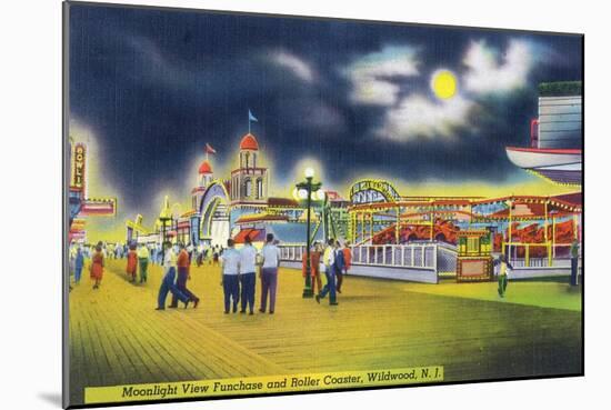 Wildwood-by-the-Sea, New Jersey - Funchase and Roller Coaster in the Moonlight-Lantern Press-Mounted Art Print